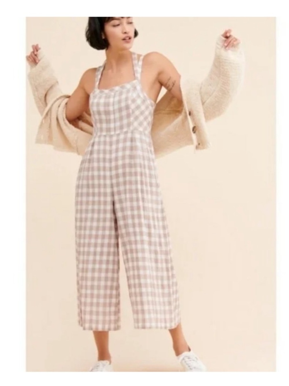 Free People Zuzu Seersucker Wide Leg Cropped Jumpsuit Natural Gingham Size 4